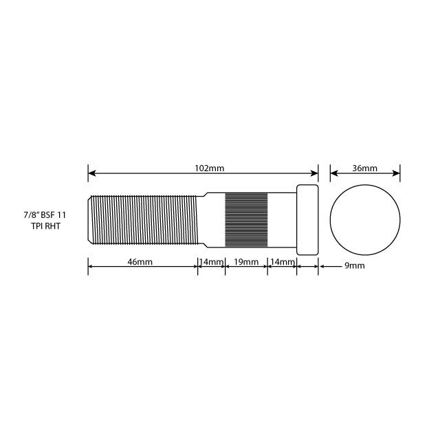 WHEEL BOLT 7/8 BSF 93MM UH TWIN RH