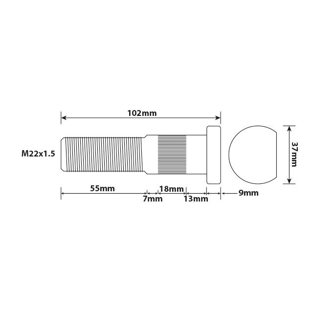 WHEEL BOLT M22X1.5 93MM UH SINGLE ALUM WHEEL
