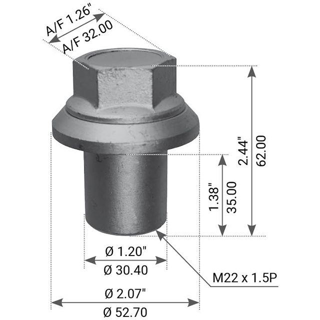 SLEEVED WHEEL NUT M22X1.5 62MM HIGH TO SUIT IVECO