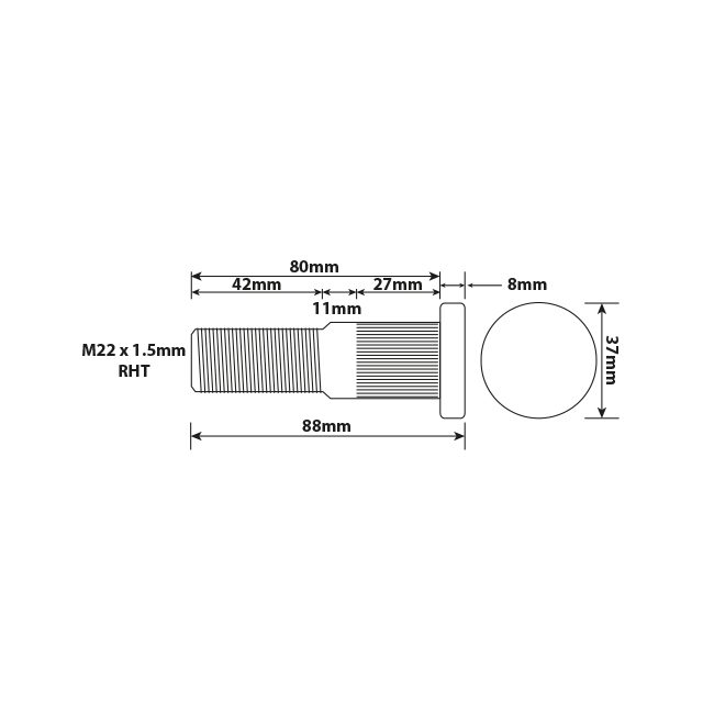 WHEEL STUD M22X1.5 ISO SINGLE 80MM UH