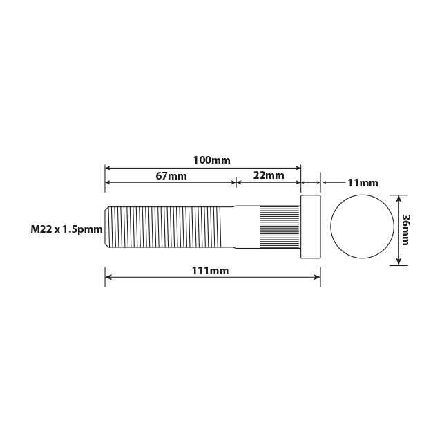 WHEEL BOLT M22X1.5MM 100MM UH ISO TWIN