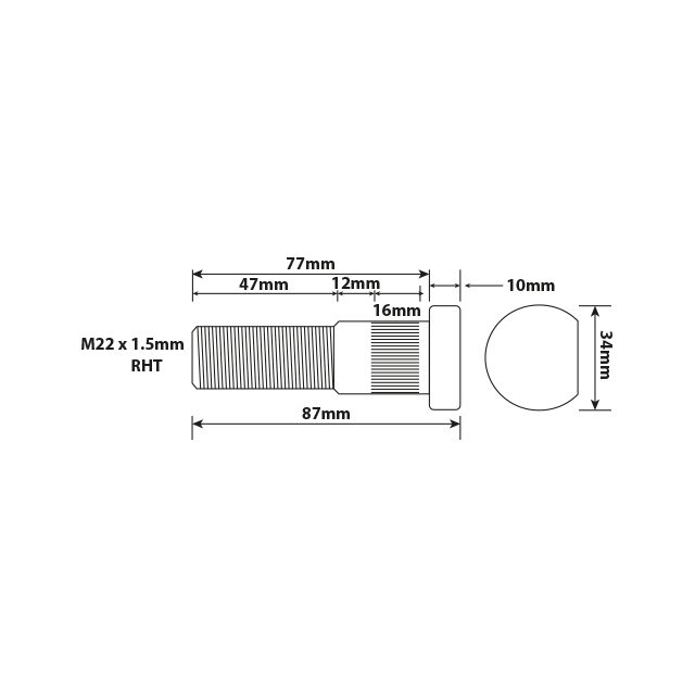 WHEEL STUD M22X1.5 RHT 77MM UH STEEL & ALLY ISO WHEEL