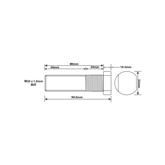 WHEEL STUD M22X1.5 RHT 80MM UH