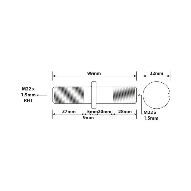 WHEEL STUD M22X1.5 RHT 100MM SINGLE WHEEL