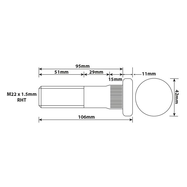 WHEEL STUD M22X1.5 RHT 95MM UH
