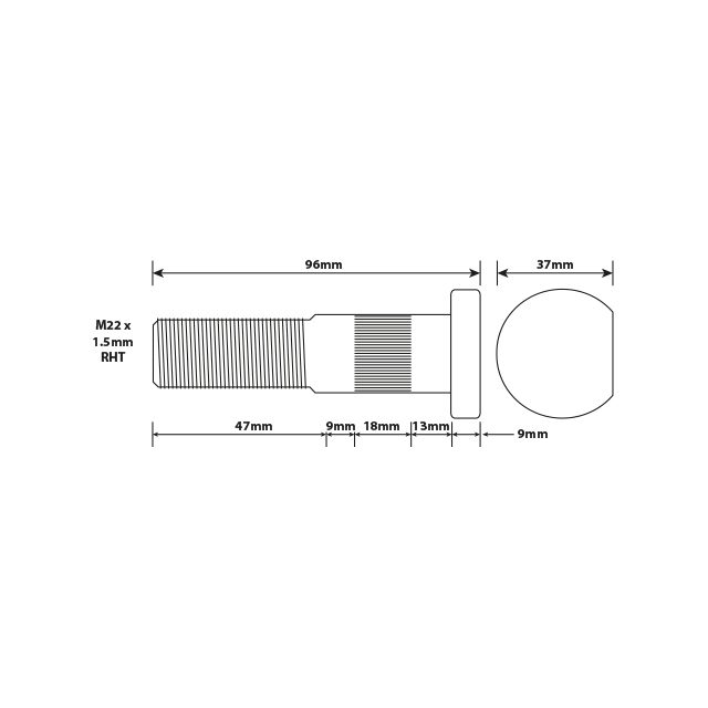 WHEEL STUD M22X1.5 RHT 87MM UH ISO SINGLE WHEEL