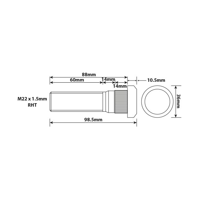 WHEEL STUD M22X1.5 RHT 88MM UH