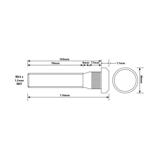 WHEEL STUD M22X1.5 RHT 105MM UH
