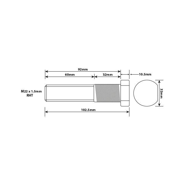 WHEEL STUD M22X1.5 RHT 92MM UH