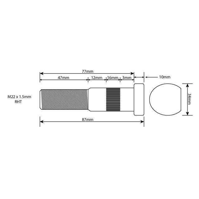 WHEEL STUD M22X1.5 RHT 77MM UH STEEL & ALLY ISO WHEEL photo 2