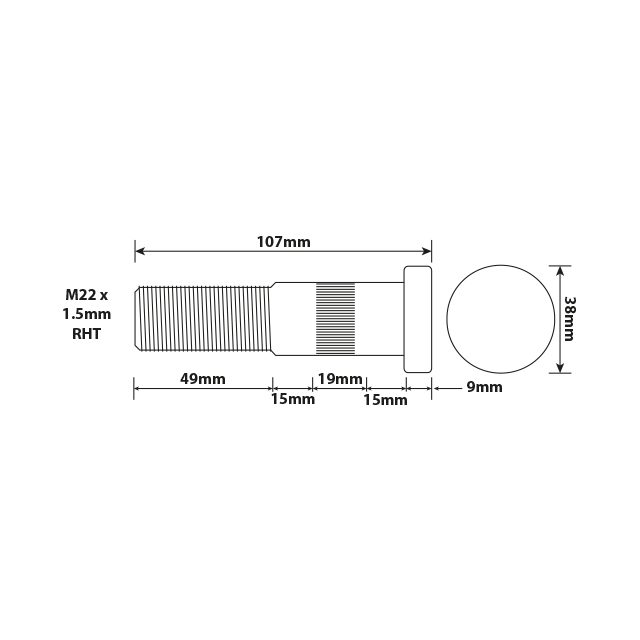 WHEEL STUD M22X1.5 RHT 98MM UH ISO SINGLE/TWIN WHEEL