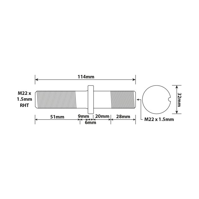 WHEEL STUD M22X1.5 RHT 114MM ISO TWIN WHEEL