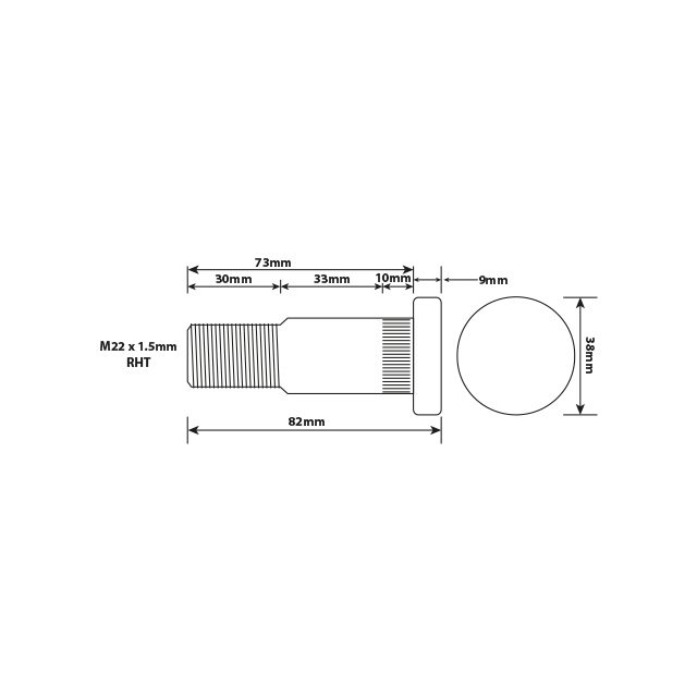 WHEEL STUD M22X1.5 73MM UH RH ISO SINGLE C/F