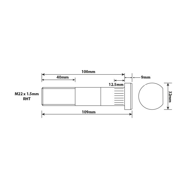 WHEEL STUD M22X1.5 RHT 100MM UH