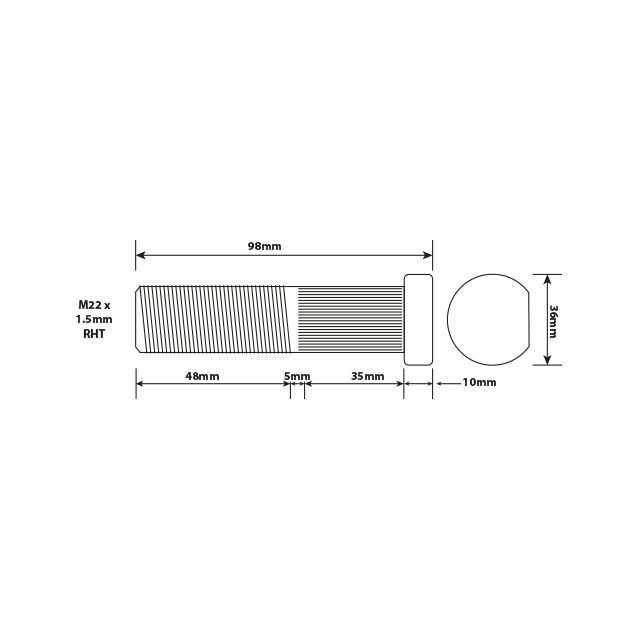WHEEL STUD M22X1.5 RHT 88MM UH ISO SINGLE WHEEL