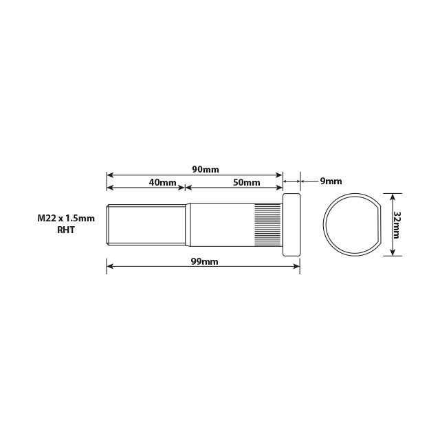 WHEEL STUD M22X 1.5 RHT 90MM UH