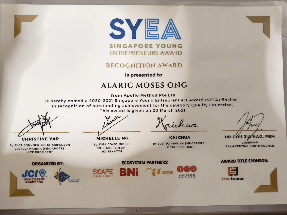 Singapore Young Entrepreneurs Award 2020-2021 — Alaric Moses Ong