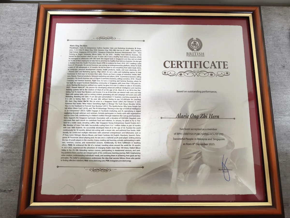 British Publishing House Certificate — Alaric Ong Zhi Hern