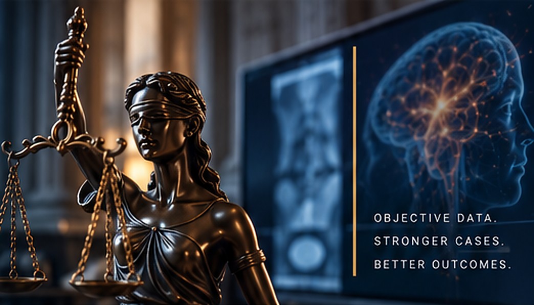 Lady Justice in front of brain imaging.