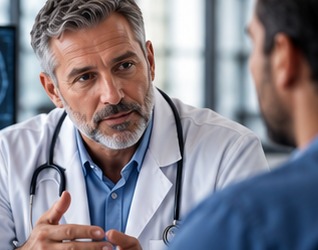 Physician in a white coat speaking with a patient. Brain imaging is on a screen behind him.