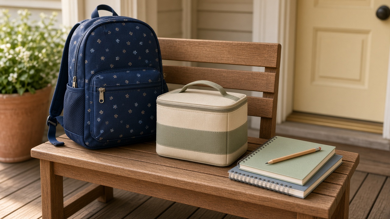 School backpack, lunchbox and notebooks ready by a front door