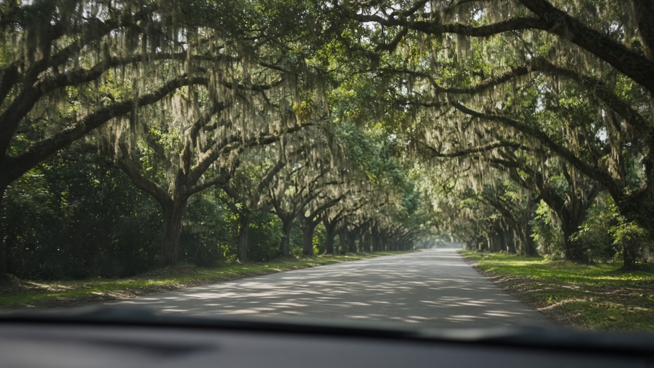 Tree-lined canopy road in Tallahassee seen from a car windshield