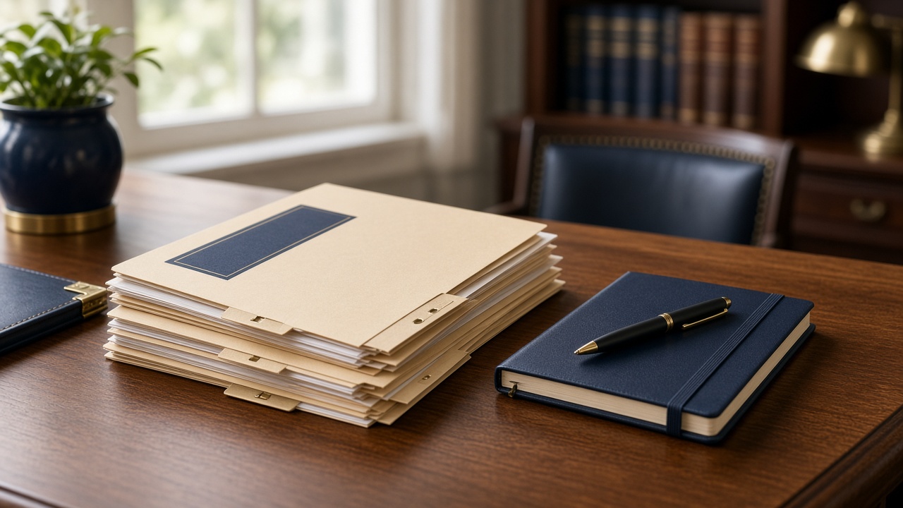 Organized case files on a law office desk