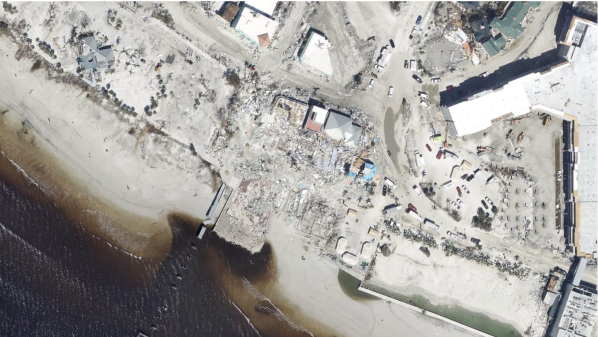 Aerial view of hurricane damage in the Times Square area of Fort Myers Beach after Hurricane Ian