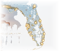 Outline of Florida traced in points of light over a skyline