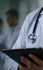 Clinician in a white coat with a stethoscope, holding a tablet