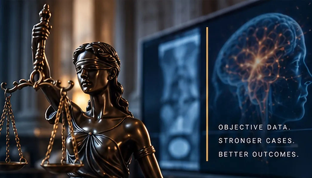 Bronze statue of Lady Justice beside a brain scan image