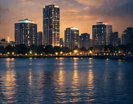 Florida city skyline at dusk along the water