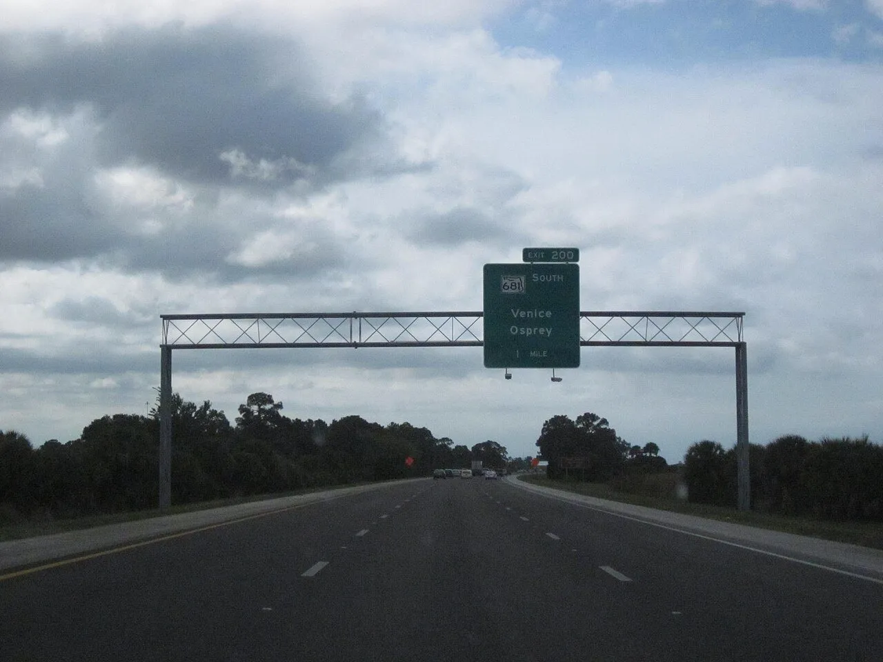 Overhead sign gantry on Interstate 75 in Sarasota County, Florida