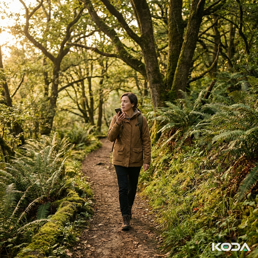 Woman walking through the woods with her phone, recording content on the go