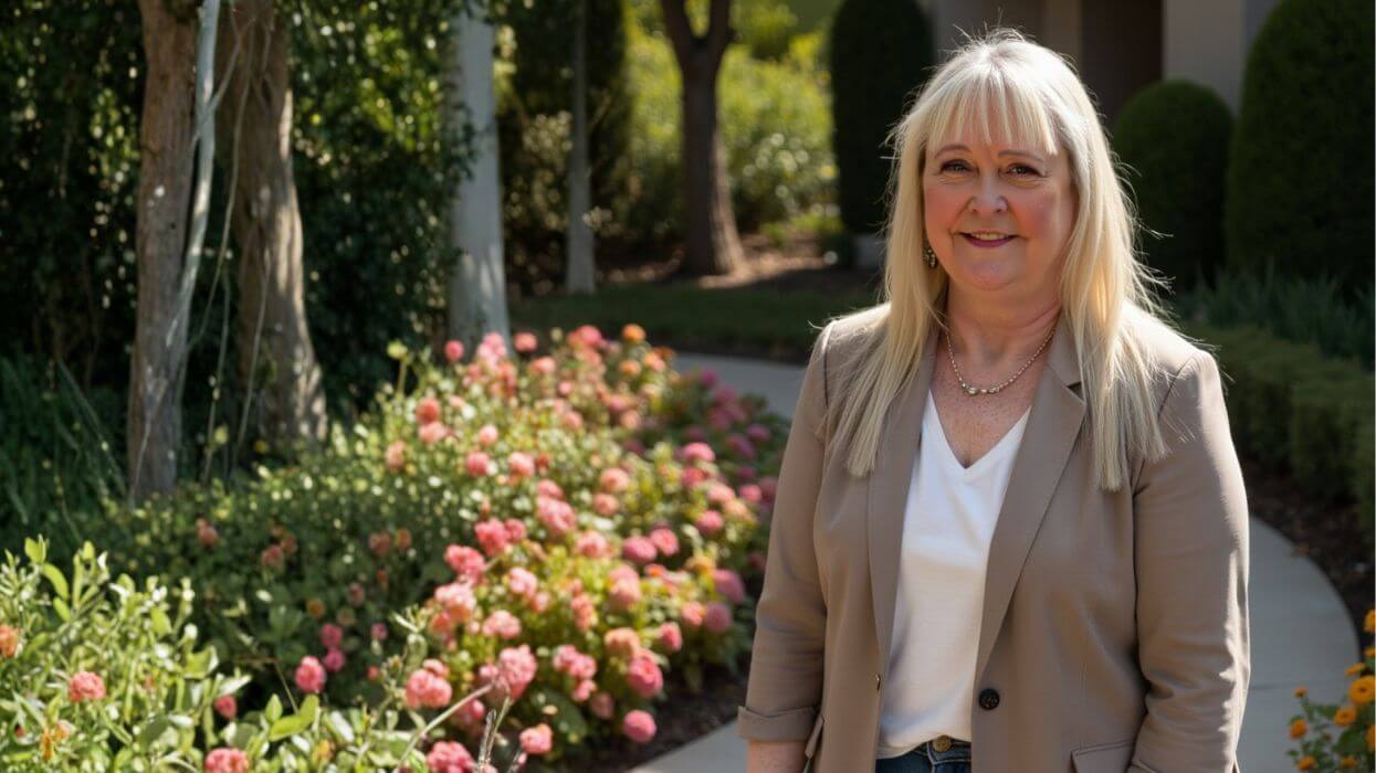 picture of a woman standing on a path in a garden with trees and pink flowers