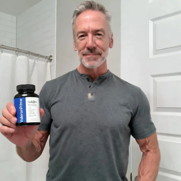 Happy customer holding supplement bottle