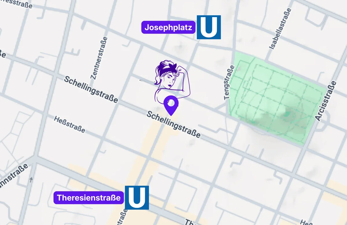 Map: Reformer For Her at Augustenstraße 102, between U2 Josephsplatz and U2 Theresienstraße