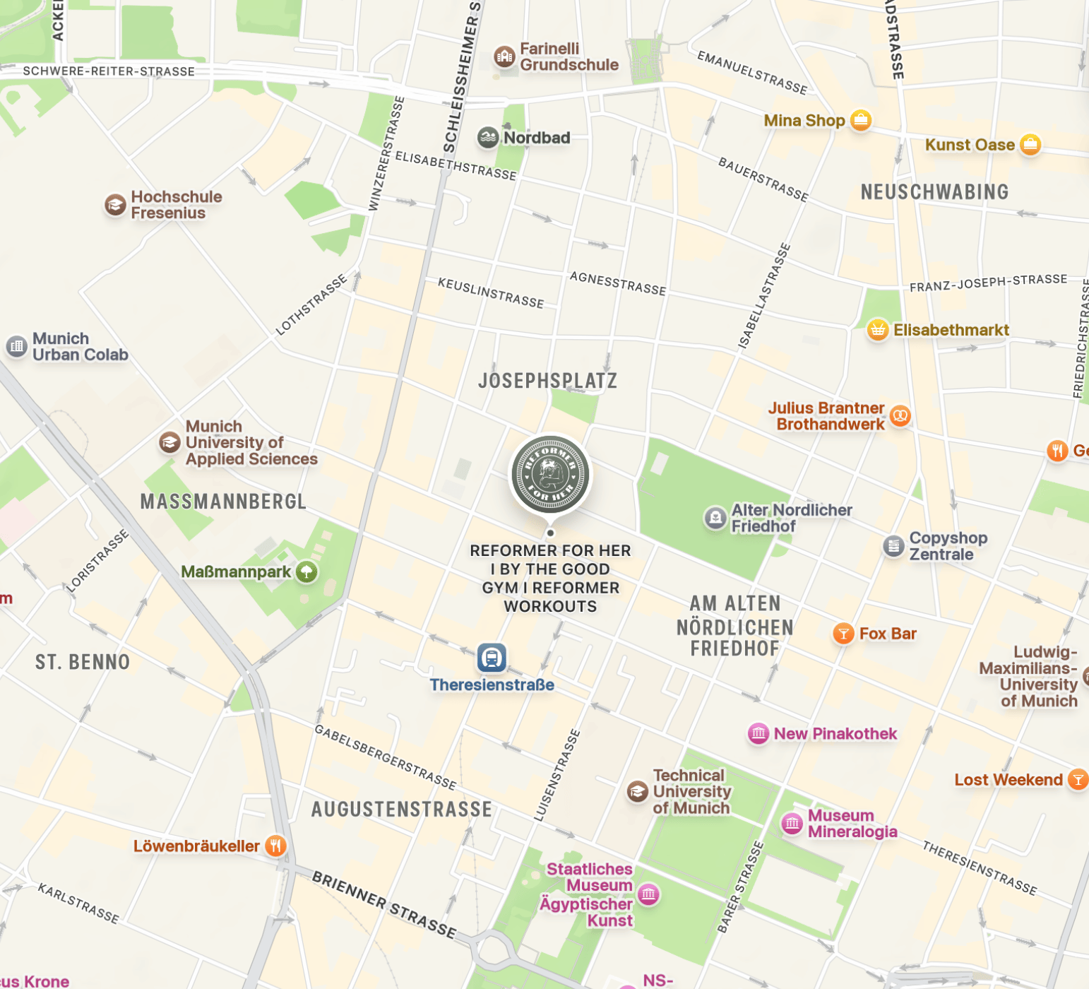 Map of Maxvorstadt showing Reformer For Her near U-Bahn Theresienstraße