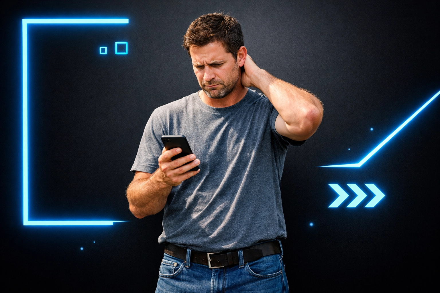 Landscaper checking phone after losing potential job online