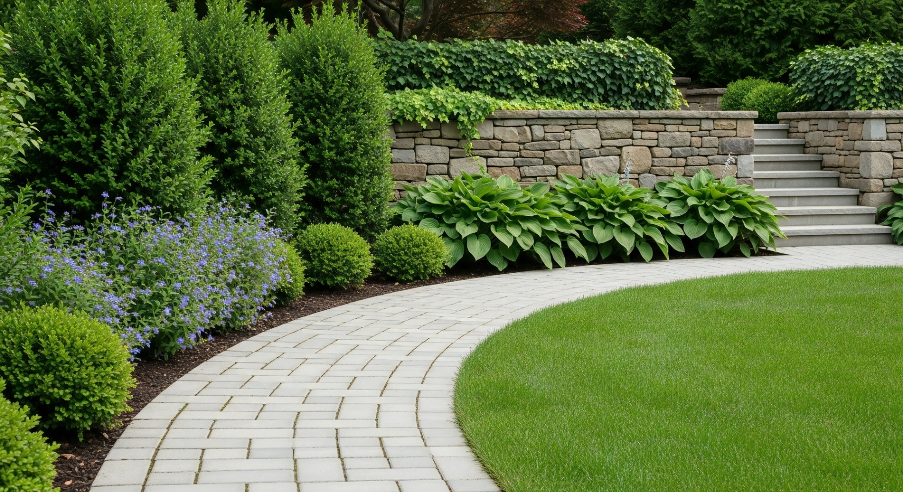 Professional landscaping design with stone steps and green lawn