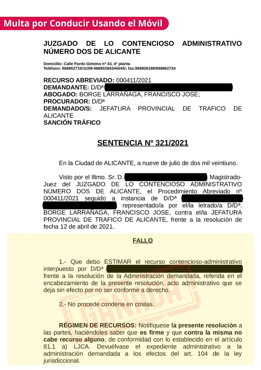 Sentencia de multa anulada