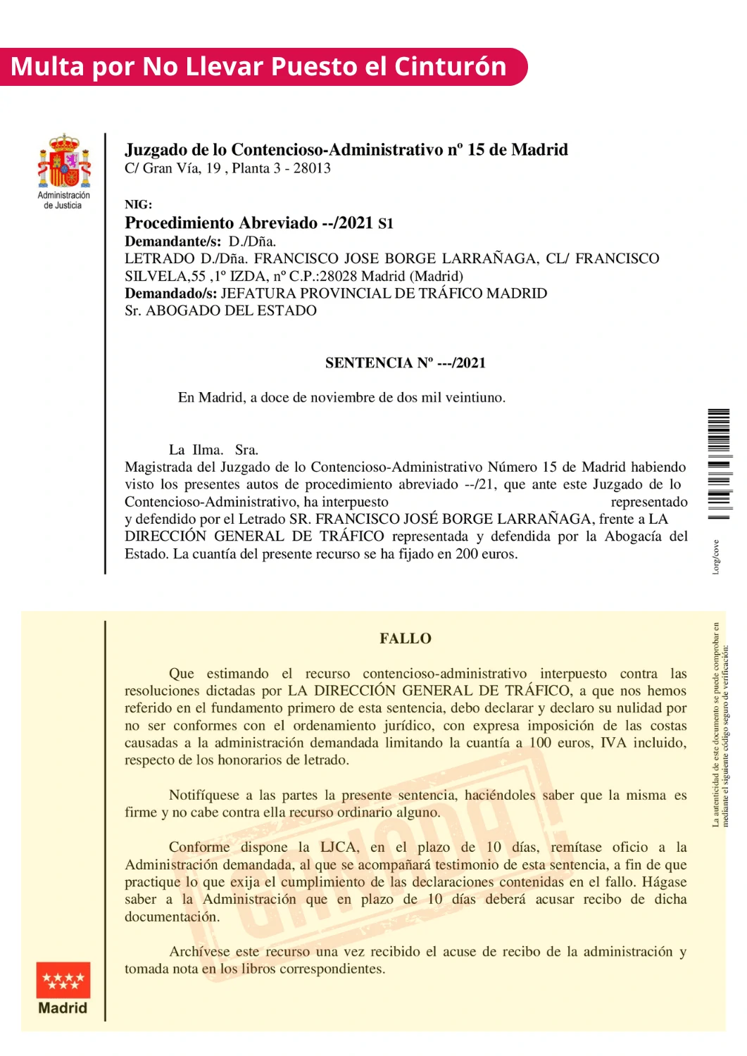 Sentencia de multa anulada