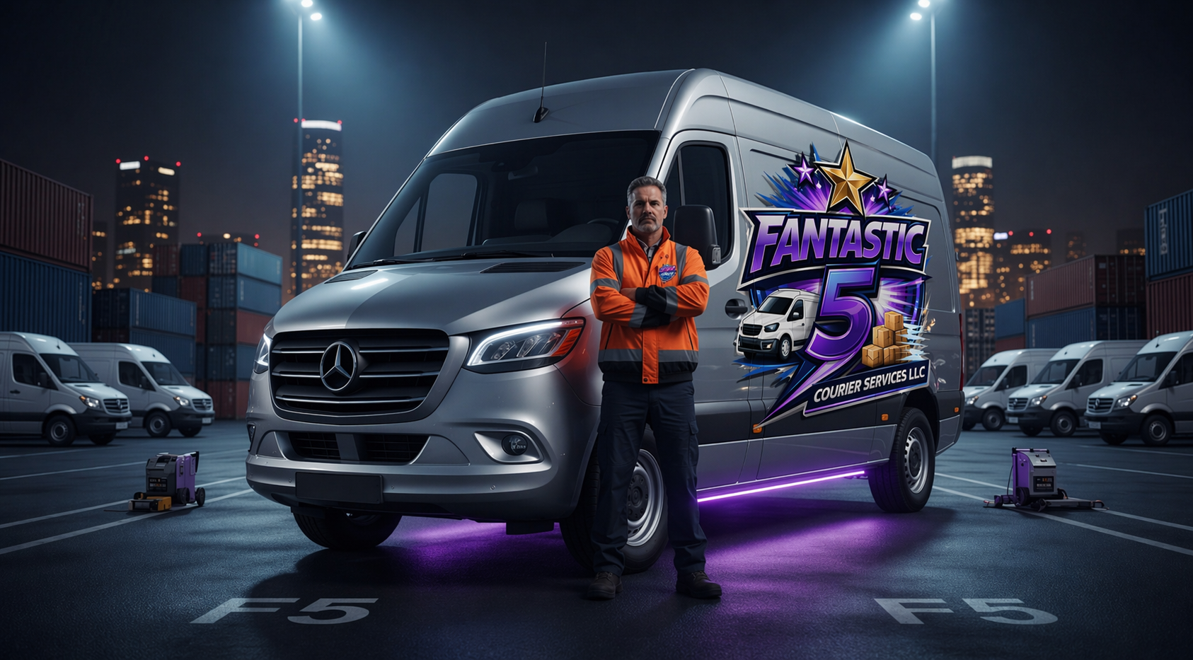 Professional truck driver standing next to modern truck at night with city lights