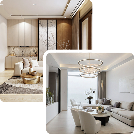 Une vue intérieure d'un espace de vie contemporain comprenant un canapé modulaire crème, des tables basses rondes en marbre et or, un éclairage encastré au plafond et une grande fenêtre lumineuse.