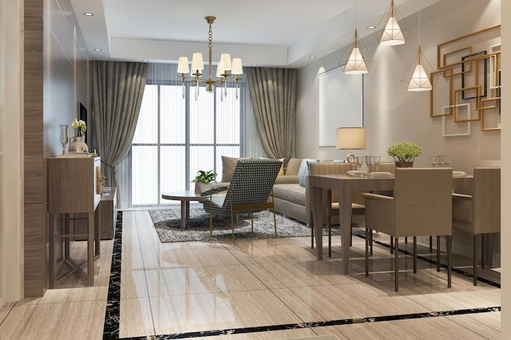 Décoration d'intérieur luxueuse avec des tons beiges, un lustre classique, des décorations murales dorées et de grandes baies vitrées laissant passer la lumière naturelle.