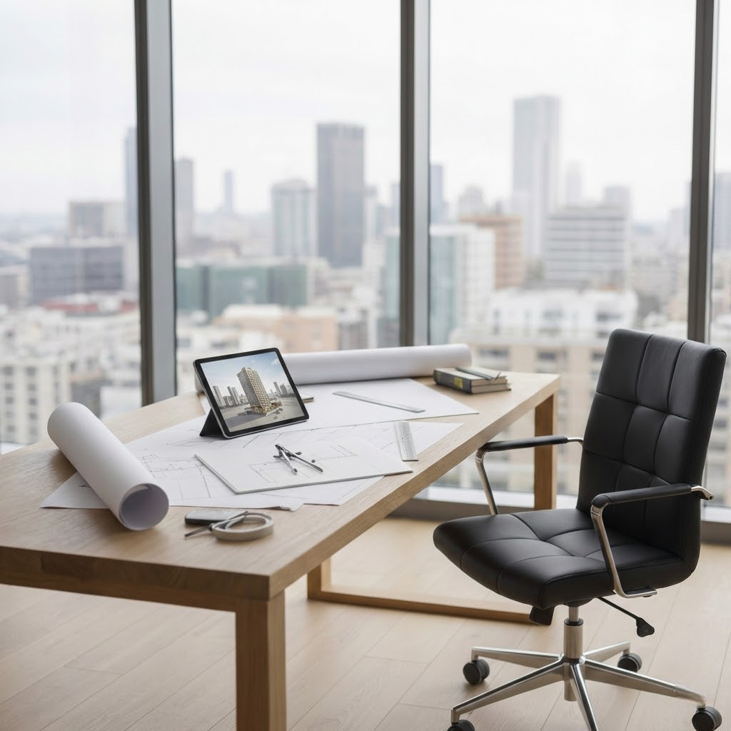 Un bureau en bois dans un gratte-ciel avec des plans d'architecture, un compas, une tablette affichant un rendu 3D et une chaise de bureau noire, avec une ville en arrière-plan.