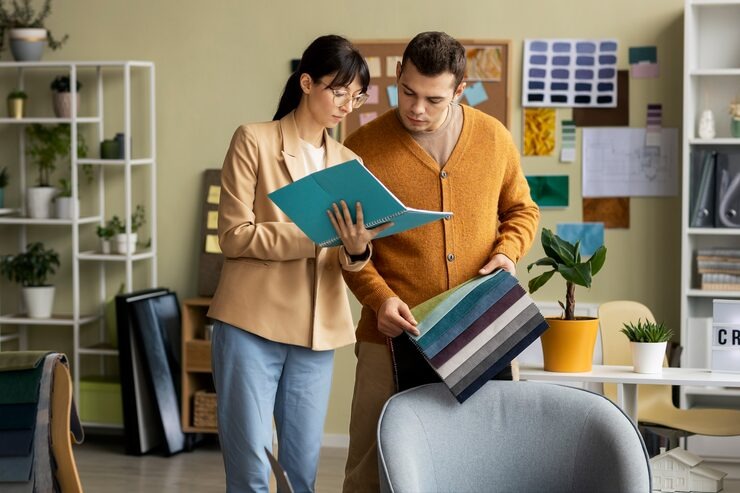 Un homme et une femme travaillent dans un studio de design créatif. La femme tient un dossier bleu pendant que l'homme examine des échantillons de tissus colorés, entourés de moodboards et de plantes.