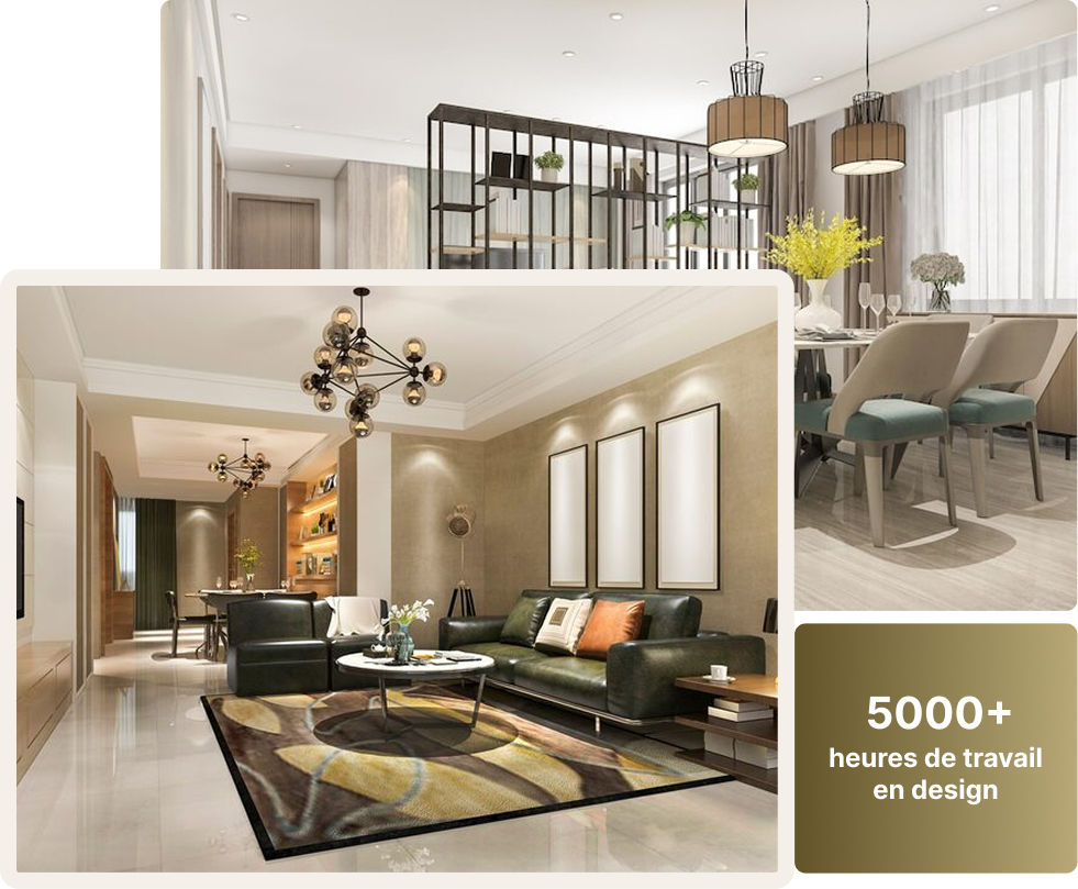 Portfolio de design d'intérieur haut de gamme mettant en avant plus de 5000 heures d'expertise dans la création d'espaces résidentiels contemporains.