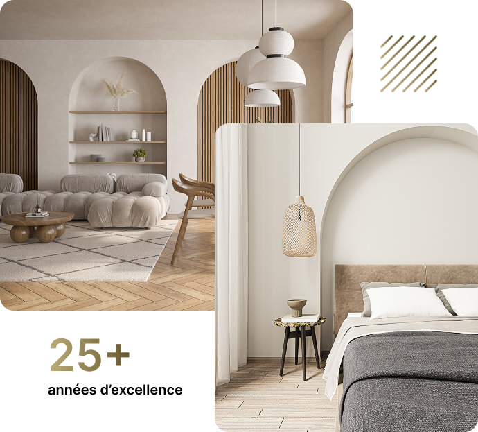 Portfolio d'architecture d'intérieur avec un style moderne et organique, célébrant plus de 25 ans d'expertise dans la création d'espaces de luxe.