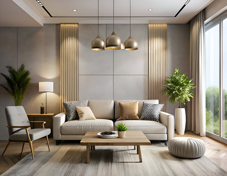 Un intérieur élégant comprenant un canapé crème, un fauteuil gris de style mid-century, une table basse en bois et quatre suspensions dorées devant un mur texturé avec des panneaux cannelés.